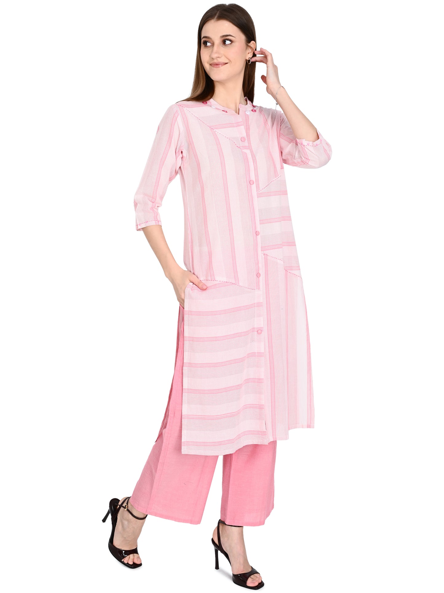 Handloom Cotton Pink Kurta Plazo Set With Embroidery