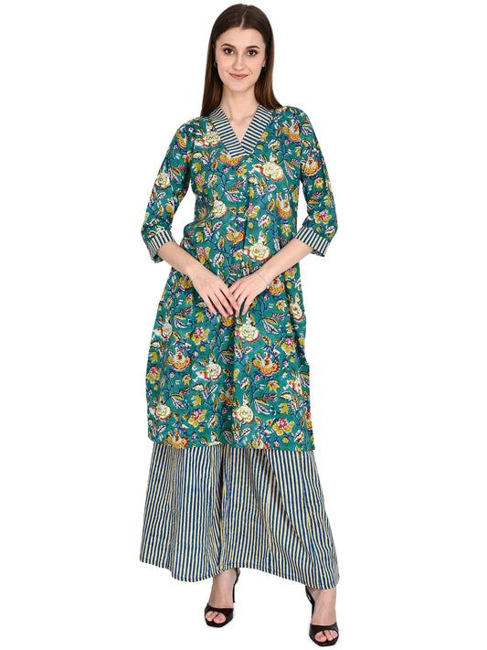 Green Floral Cotton Kurta Sets