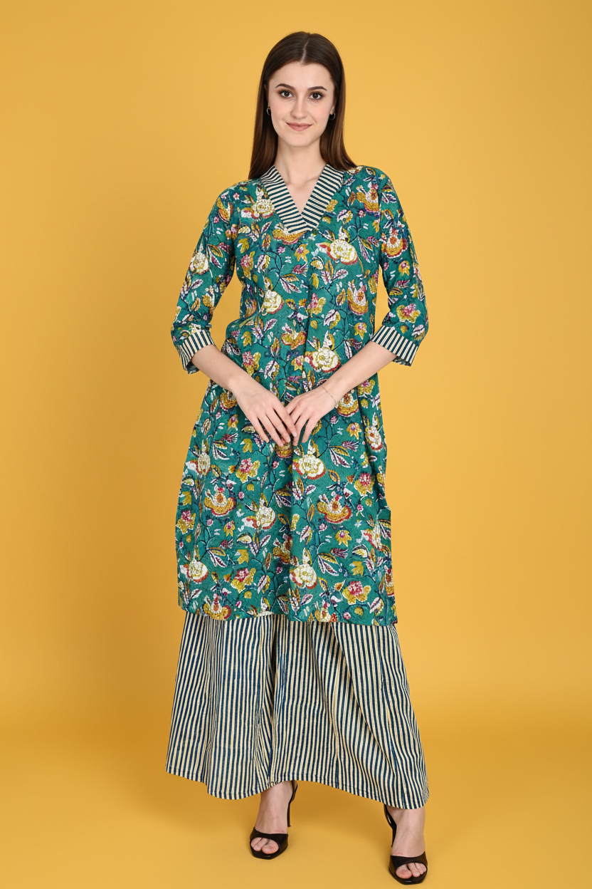 Green Floral Cotton Kurta Sets
