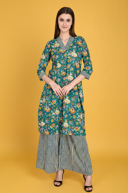 Green Floral Cotton Kurta Sets