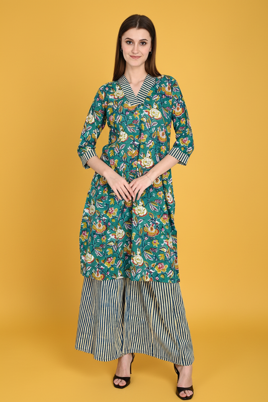 Green Floral Cotton Kurta Sets