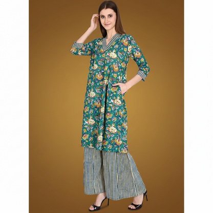 Green Floral Cotton Kurta Sets