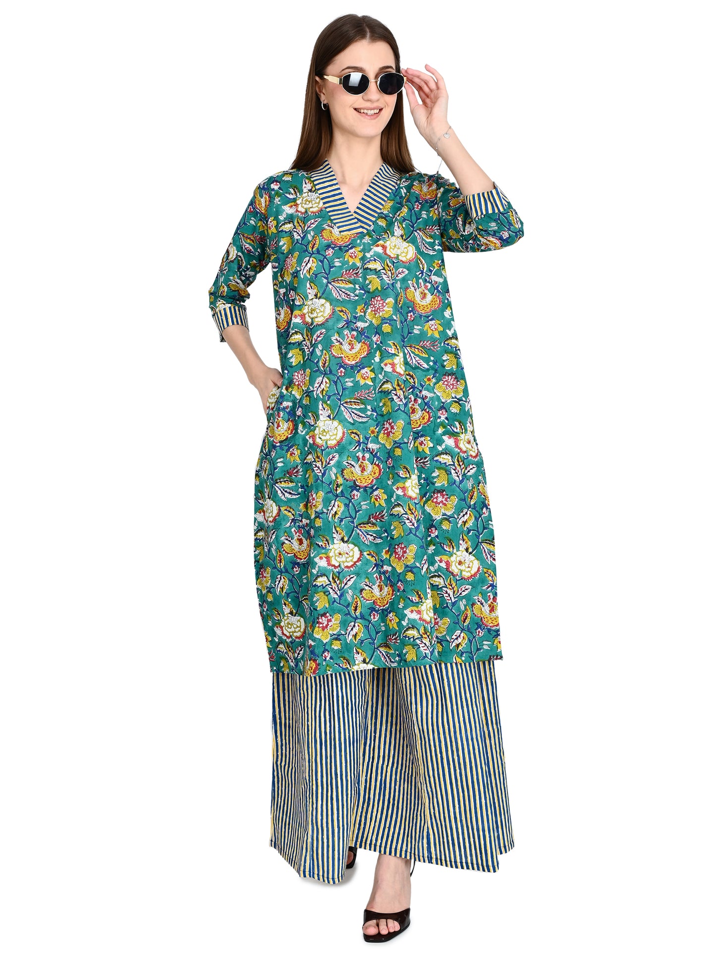 Green Floral Cotton Kurta Sets