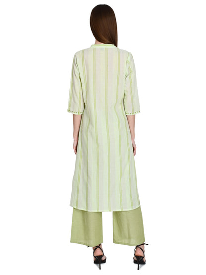 Handloom Cotton Green Kurta Plazo Set With Embroidery