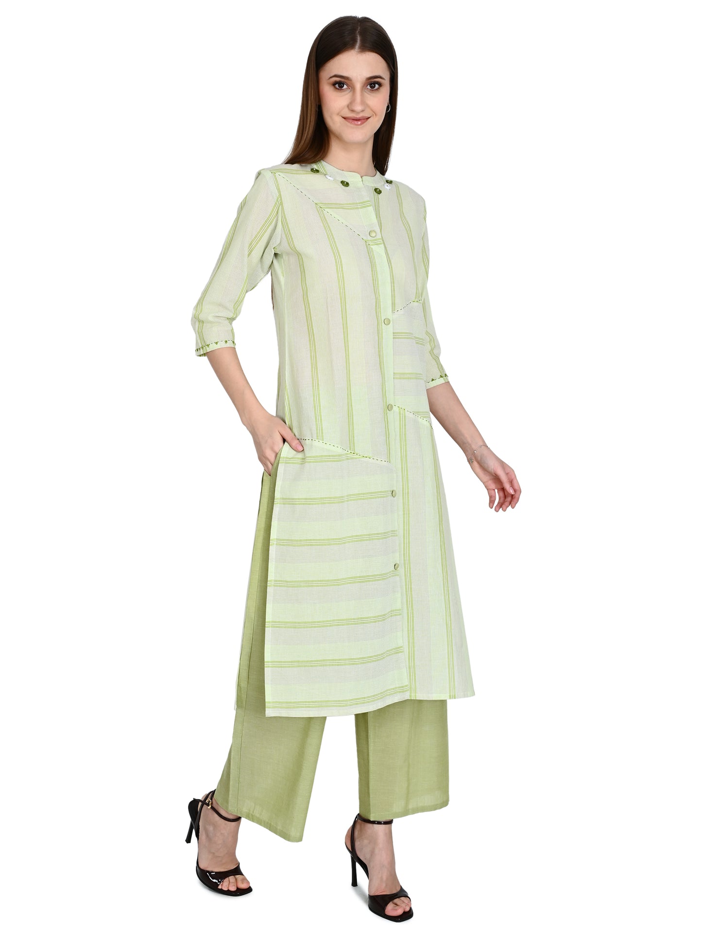Handloom Cotton Green Kurta Plazo Set With Embroidery