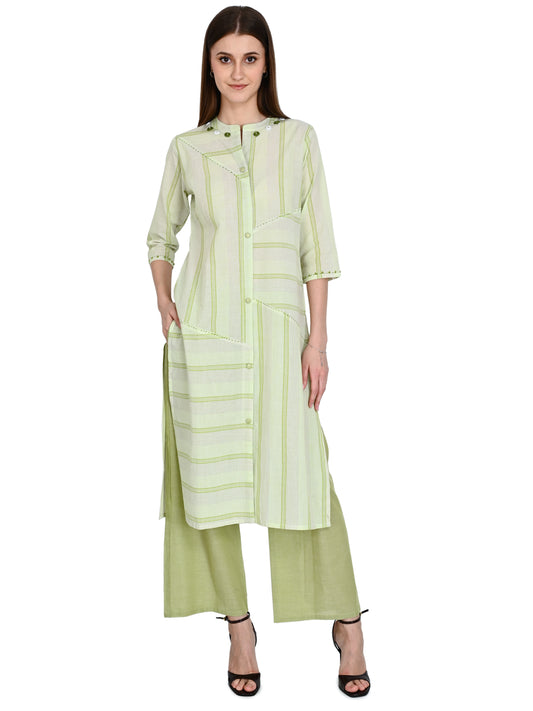 Handloom Cotton Green Kurta Plazo Set With Embroidery