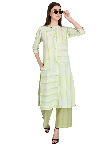 Handloom Cotton Green Kurta Plazo Set With Embroidery