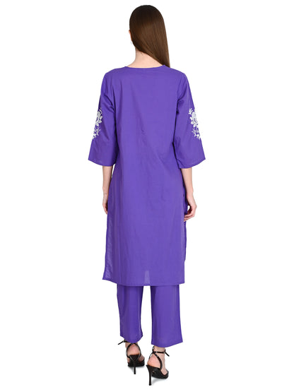 Purple Embroidered Cotton Kurta Sets