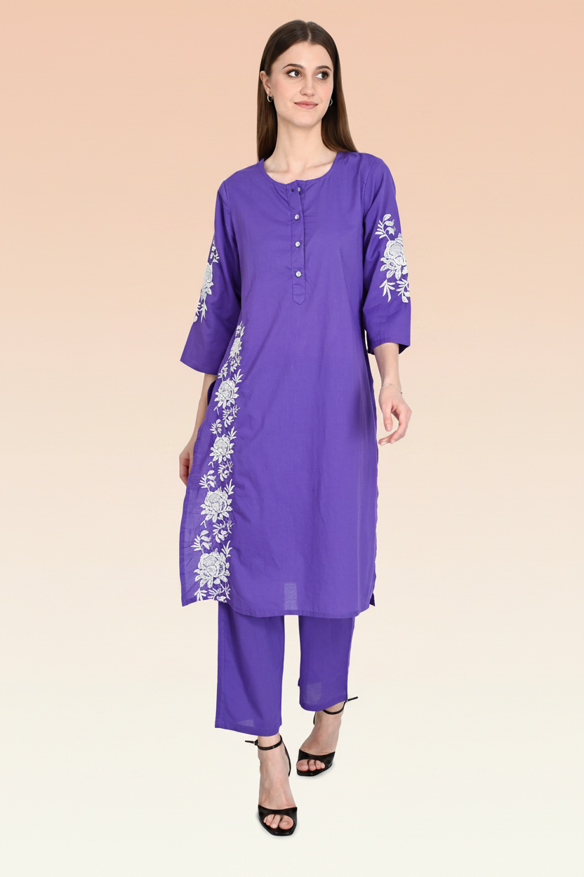 Purple Embroidered Cotton Kurta Sets