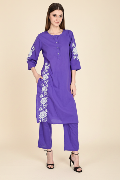 Purple Embroidered Cotton Kurta Sets