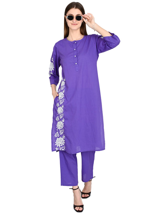 Purple Embroidered Cotton Kurta Sets