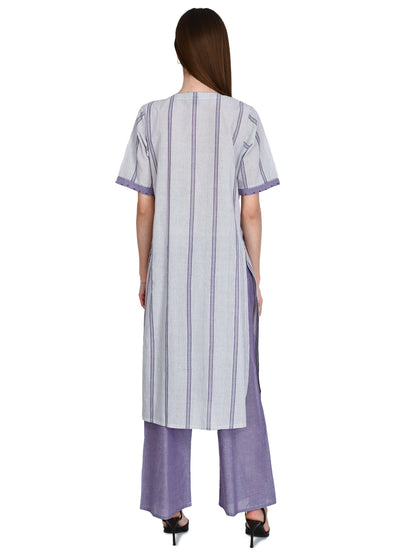 Lilak Kurta Plazo Set With Embroidery In Handloom Cotton