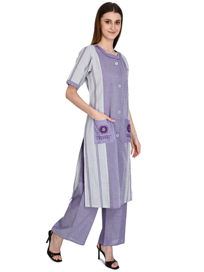 Lilak Kurta Plazo Set With Embroidery In Handloom Cotton