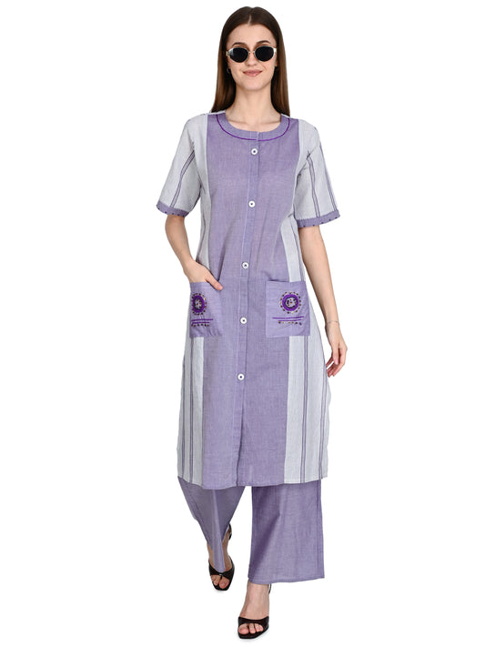 Lilak Kurta Plazo Set With Embroidery In Handloom Cotton
