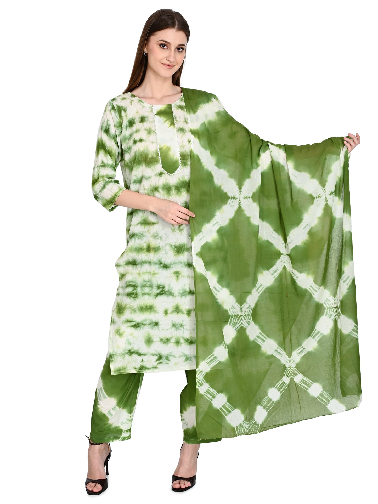 Green Premium Cotton Kurta Pant & Dupatta Set