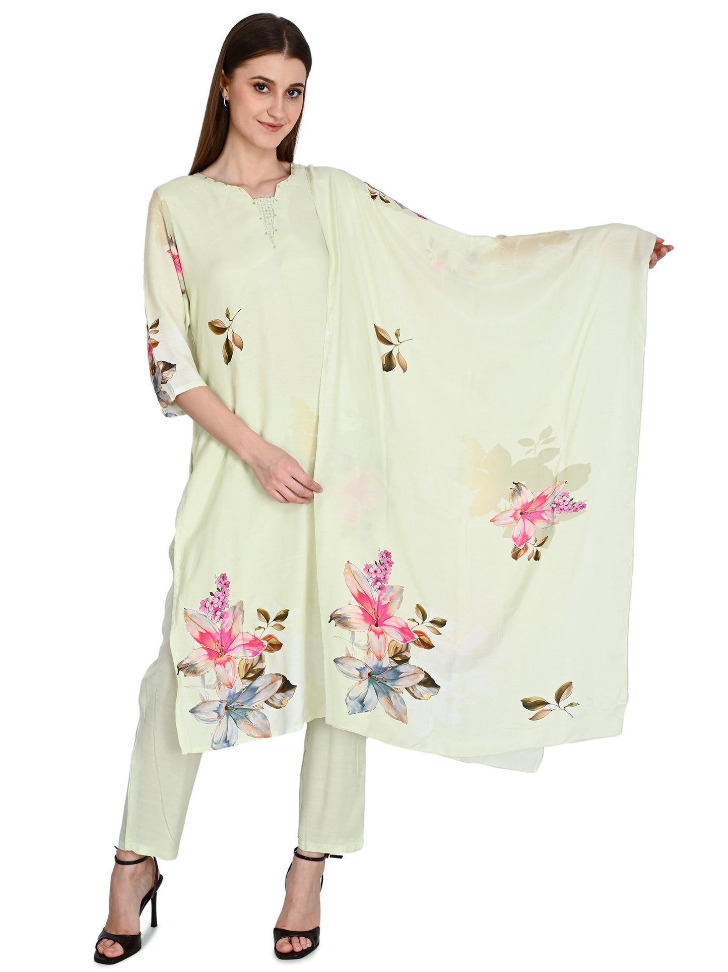 Muslin Pista Kurta, Pants &  Dupatta set
