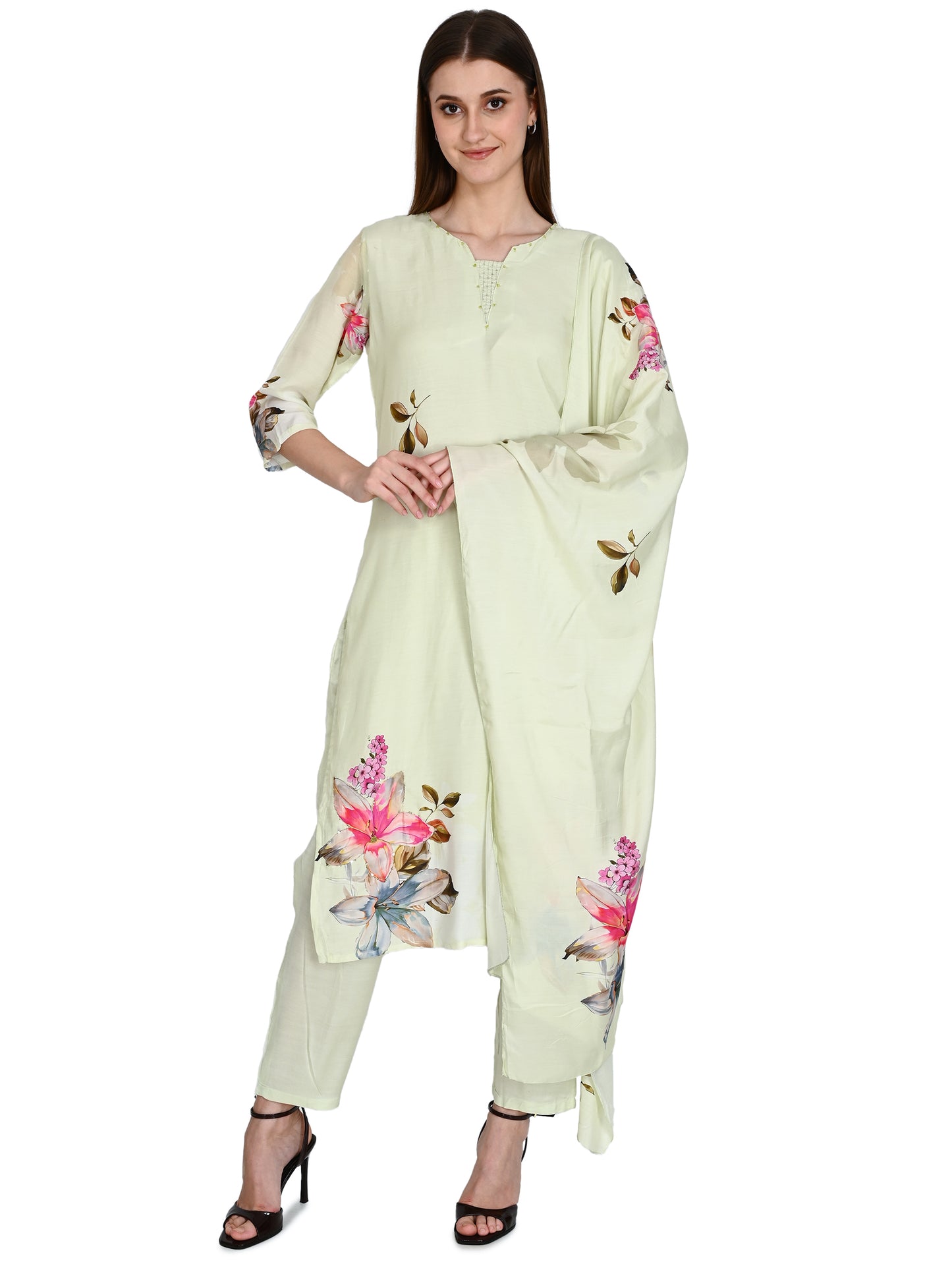 Muslin Pista Kurta, Pants &  Dupatta set