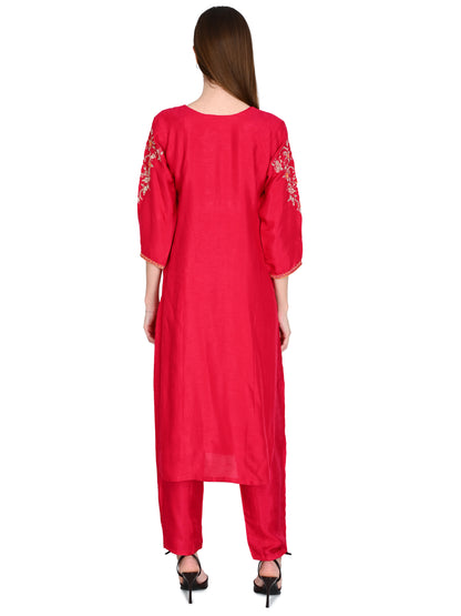 Pink Kurta Pant Dupatta Set With Hand Embroidery