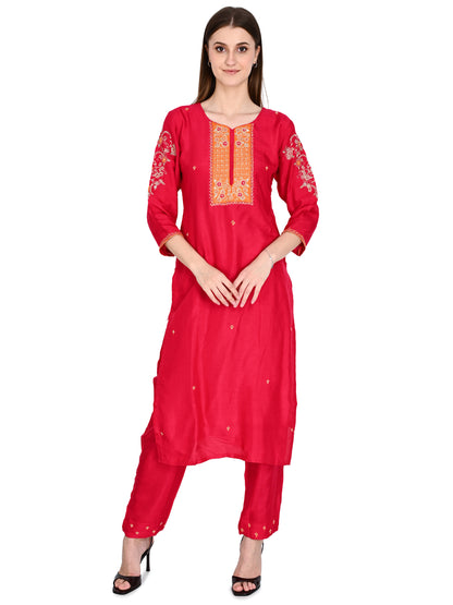 Pink Kurta Pant Dupatta Set With Hand Embroidery