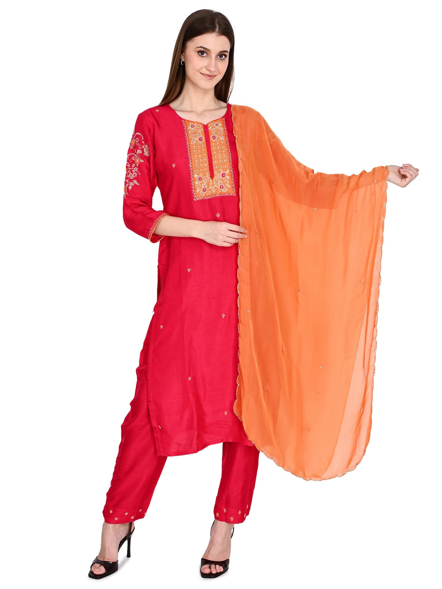 Pink Kurta Pant Dupatta Set With Hand Embroidery