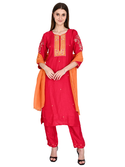 Pink Kurta Pant Dupatta Set With Hand Embroidery