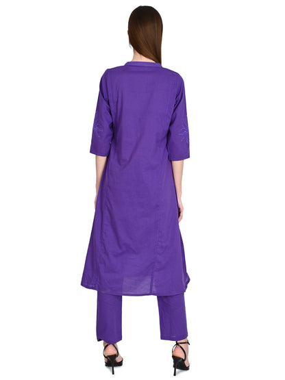 Purple Cotton Kurta, Pants &  Dupatta sets