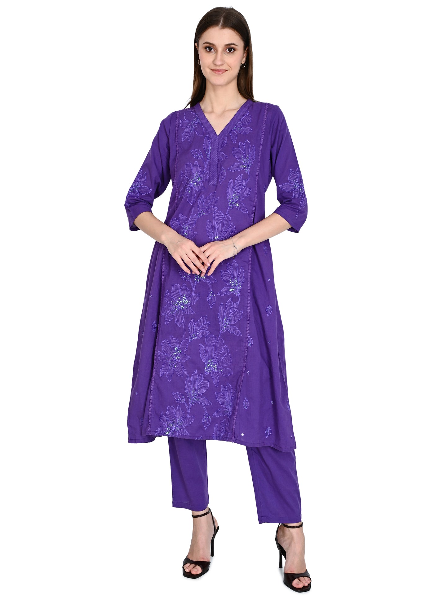 Purple Cotton Kurta, Pants &  Dupatta sets