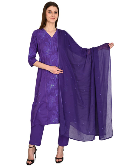 Purple Cotton Kurta, Pants &  Dupatta sets