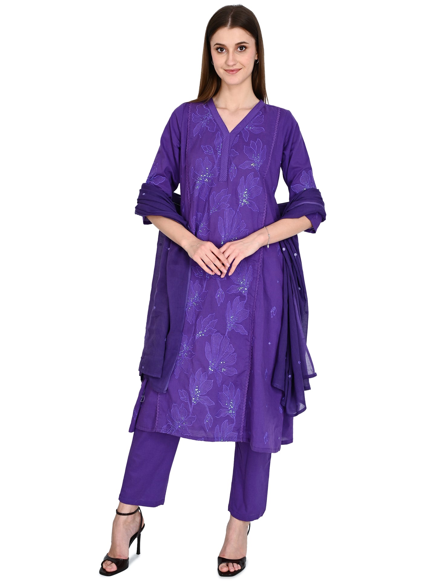 Purple Cotton Kurta, Pants &  Dupatta sets