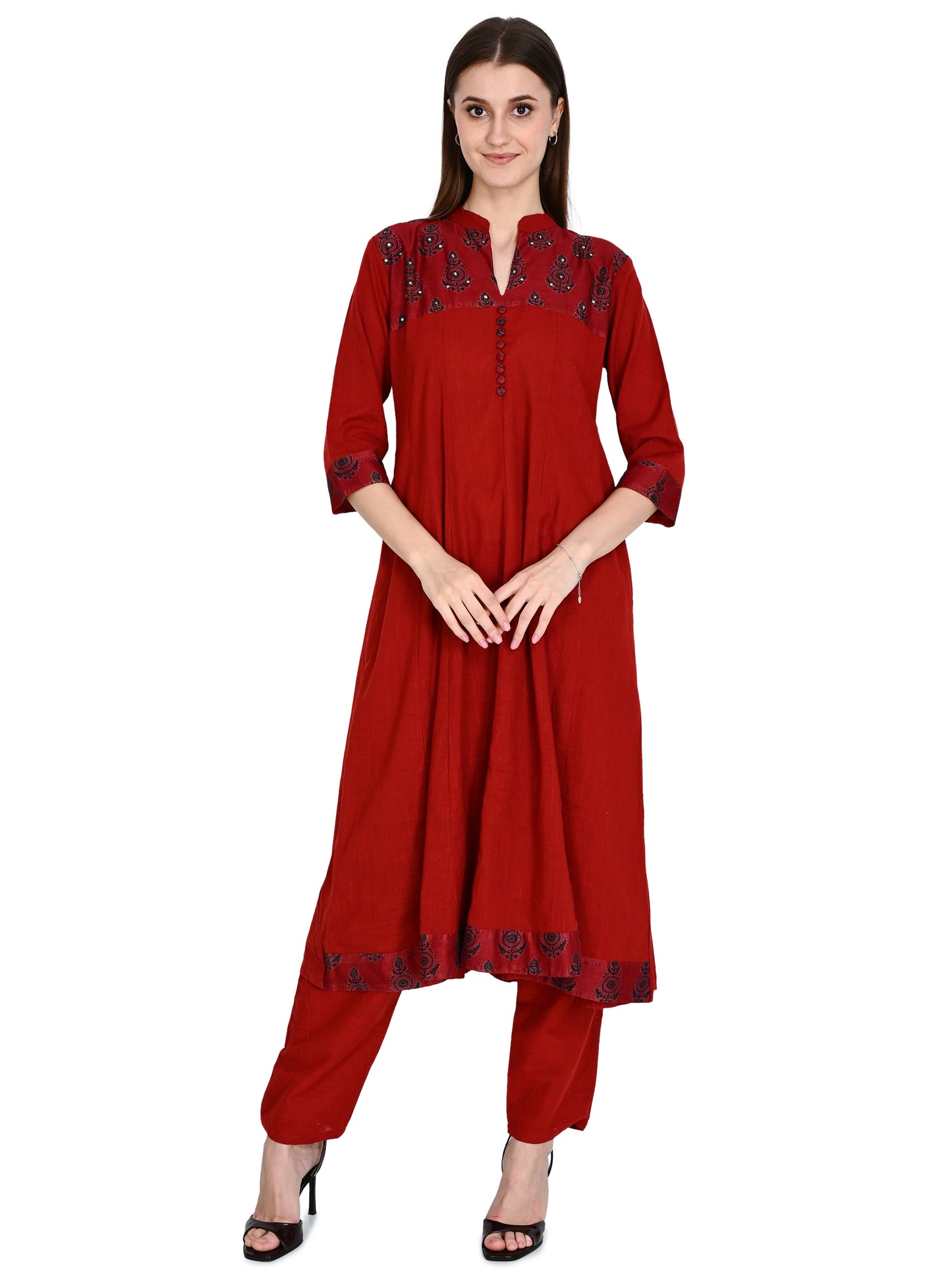 Maroon Anarkali Kurta Pant Dupatta Set