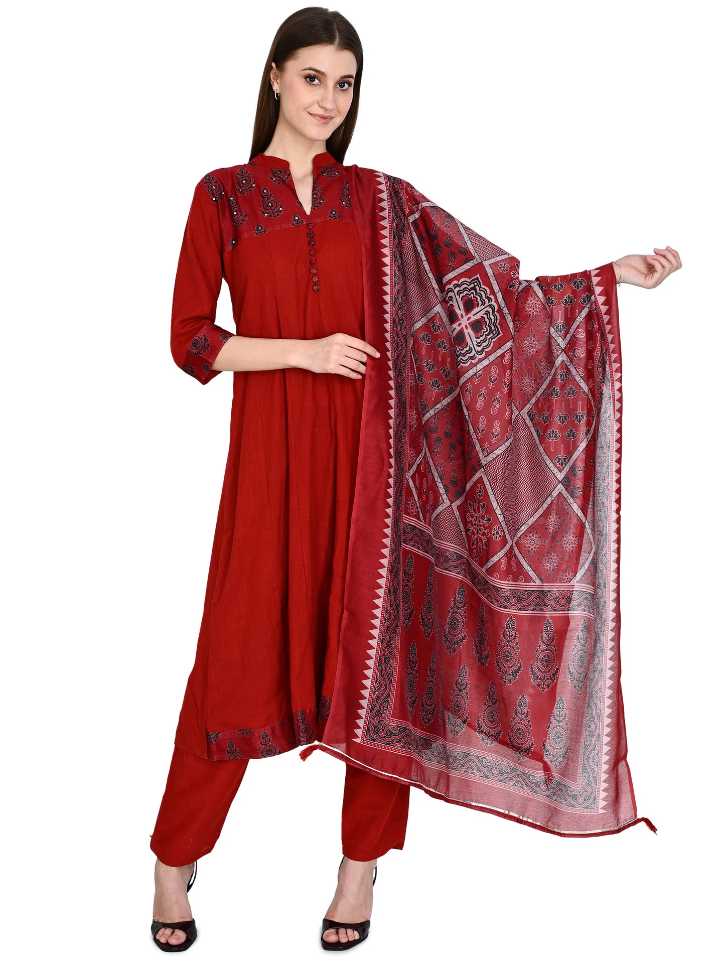 Maroon Anarkali Kurta Pant Dupatta Set