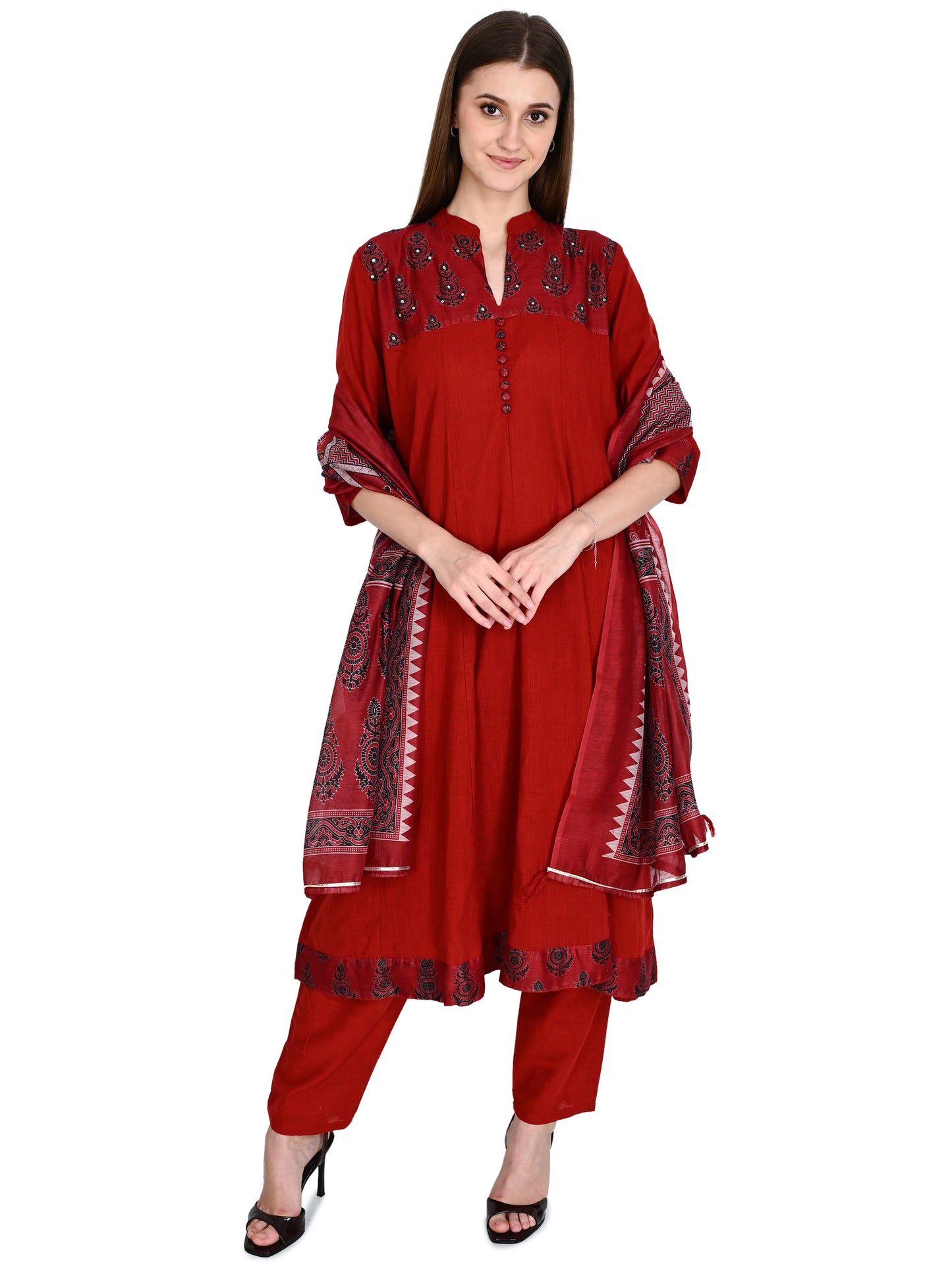 Maroon Anarkali Kurta Pant Dupatta Set