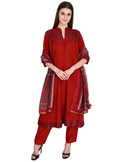 Maroon Anarkali Kurta Pant Dupatta Set
