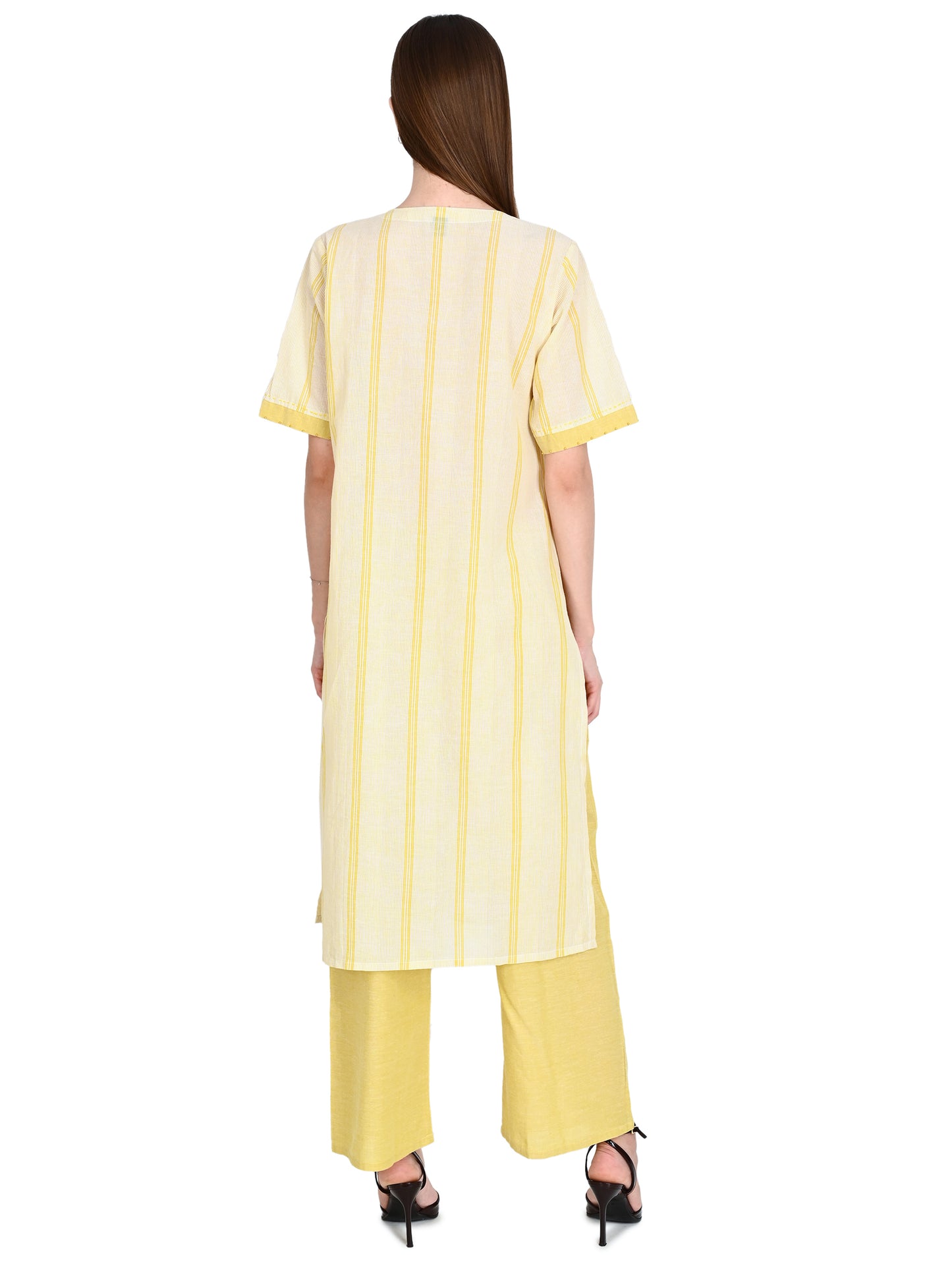 Mustard Kurta Plazo Set With Embroidery In Handloom Cotton