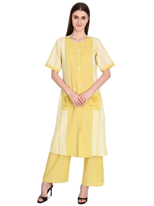 Mustard Kurta Plazo Set With Embroidery In Handloom Cotton