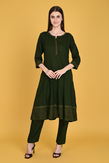 Green Muslin Flared Kurta Pant Sets