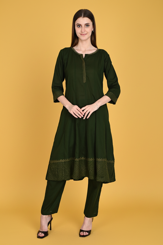 Green Muslin Flared Kurta Pant Sets