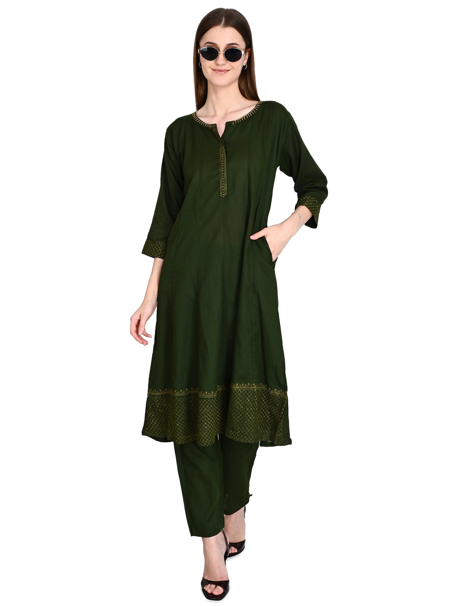 Green Muslin Flared Kurta Pant Sets