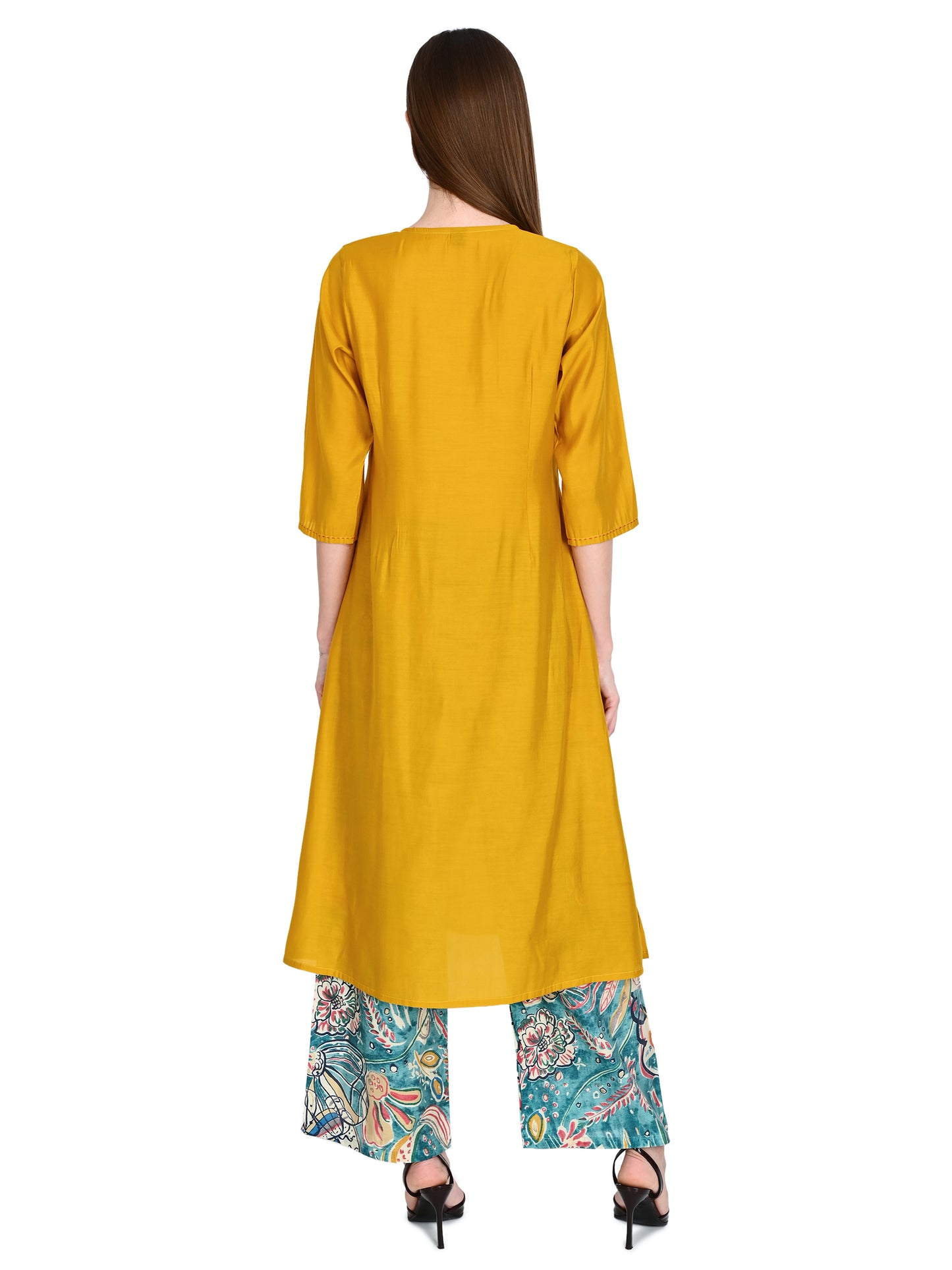 Roman Silk Embroidered Yellow Kurta Pant Set