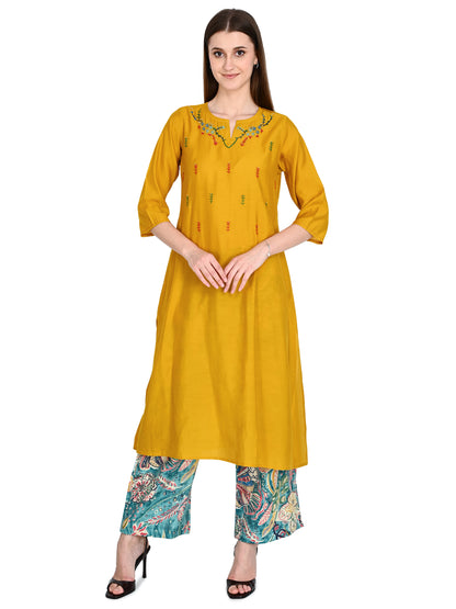 Roman Silk Embroidered Yellow Kurta Pant Set