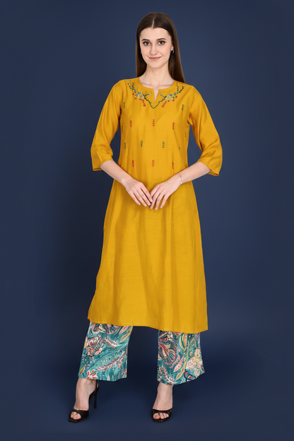 Roman Silk Embroidered Yellow Kurta Pant Set