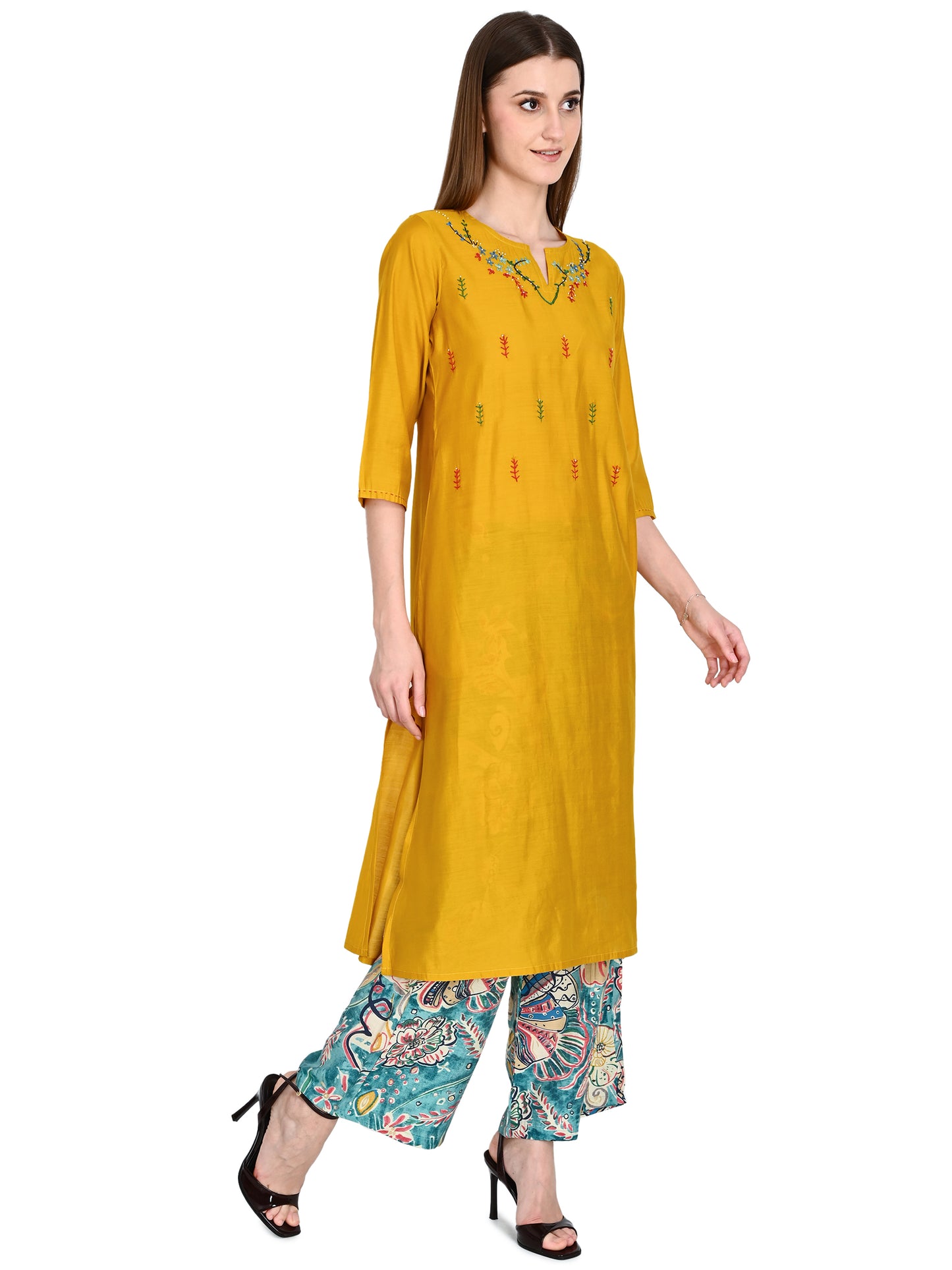 Roman Silk Embroidered Yellow Kurta Pant Set