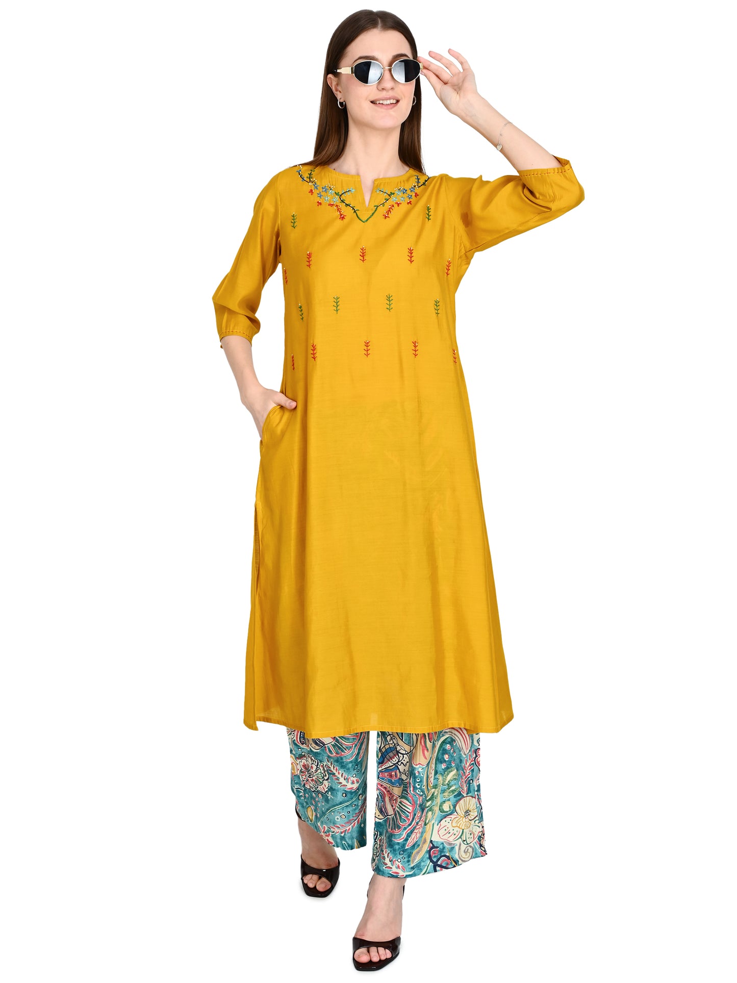Roman Silk Embroidered Yellow Kurta Pant Set