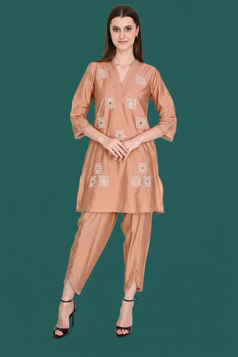 Peach Muslin Silk Co-ord Set