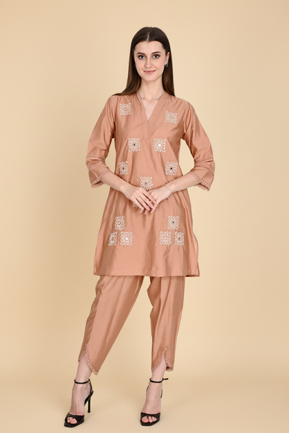 Peach Muslin Silk Co-ord Set