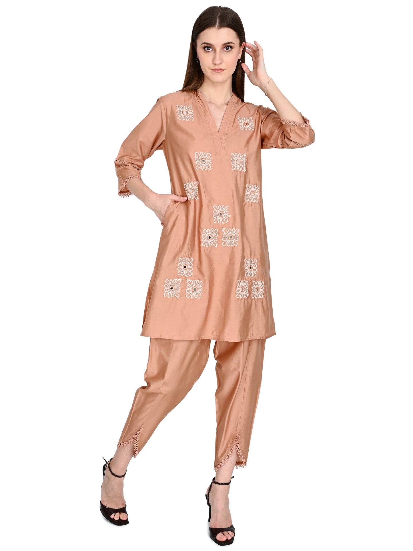 Peach Muslin Silk Co-ord Set