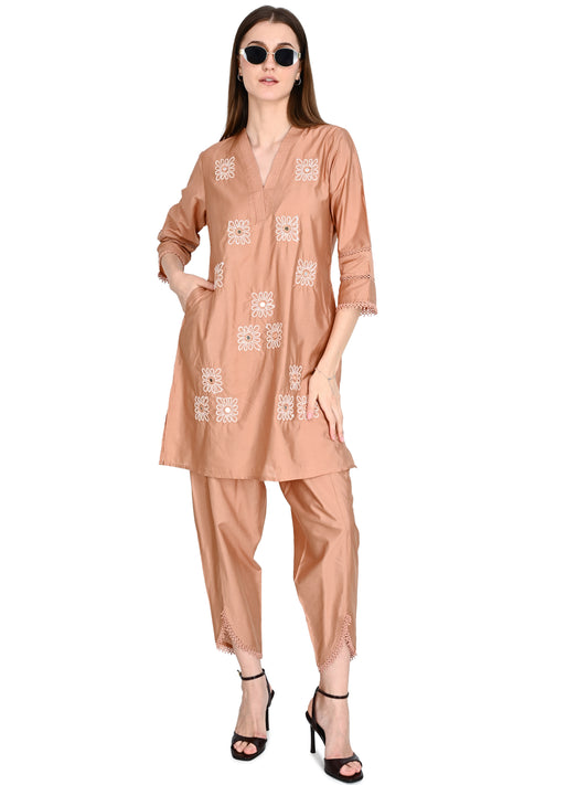 Peach Muslin Silk Co-ord Set