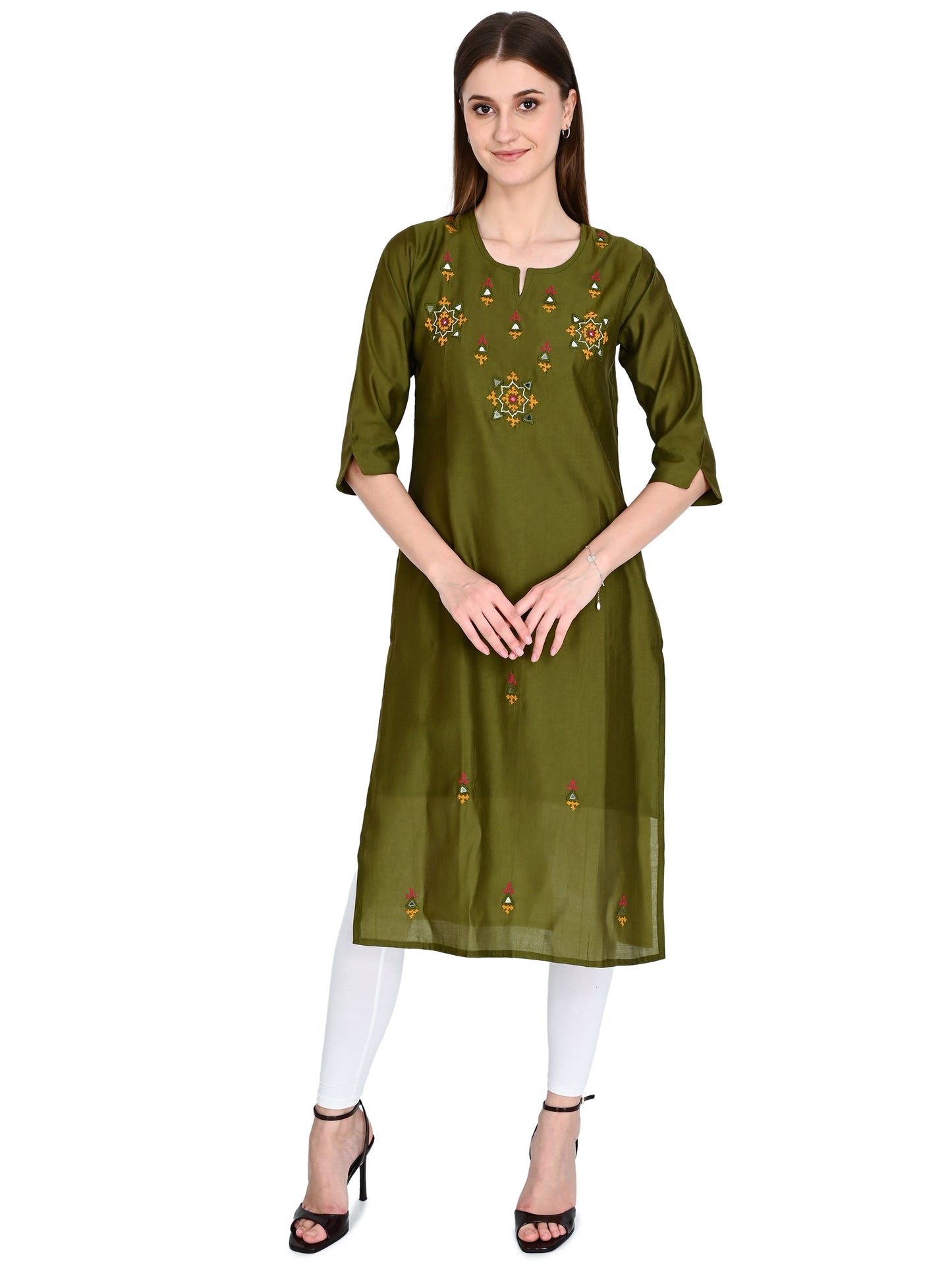 Roman Pista Green Silk Embroidered Kurta