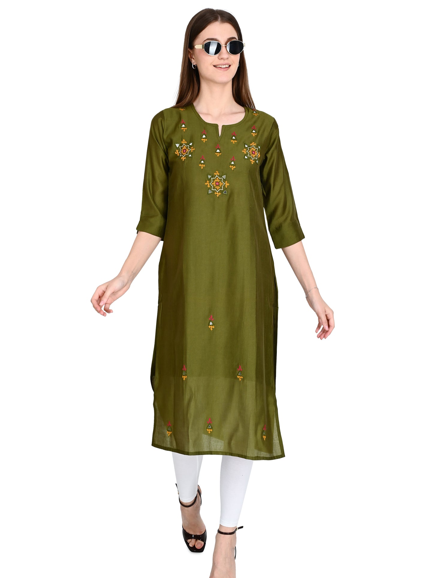 Roman Pista Green Silk Embroidered Kurta