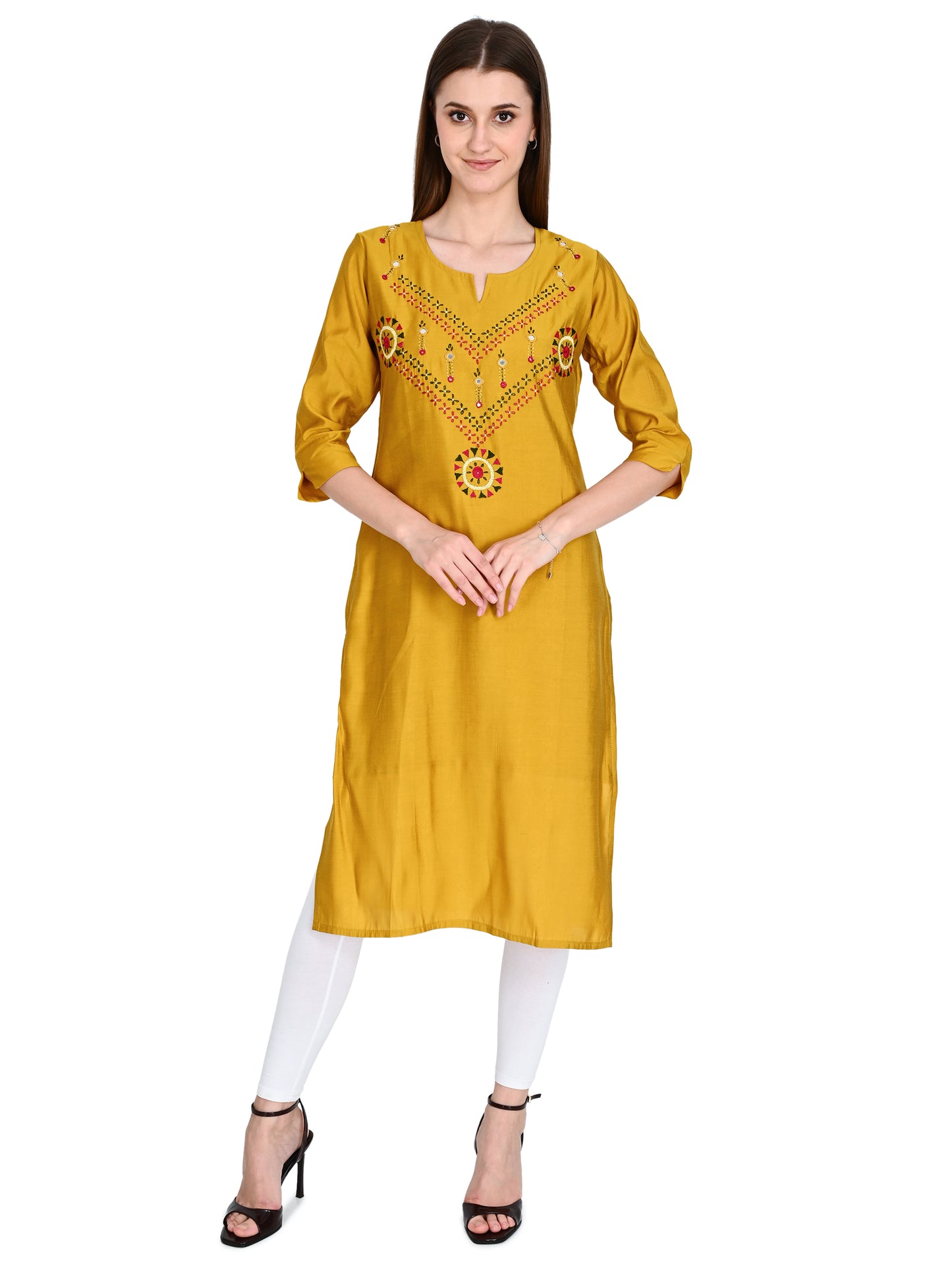 Roman Silk Embroidered Yellow Kurta